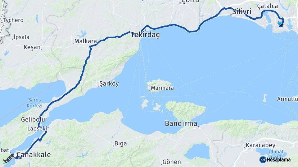 İstanbul Beylikdüzü Çanakkale Arası Kaç Km - Yol Haritası