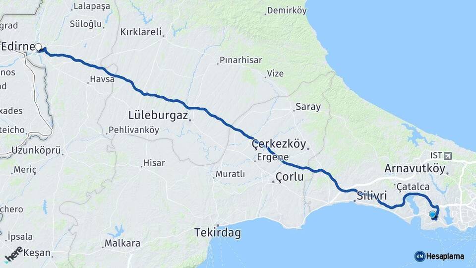 İstanbul Beylikdüzü Edirne Arası Kaç Km - Yol Haritası