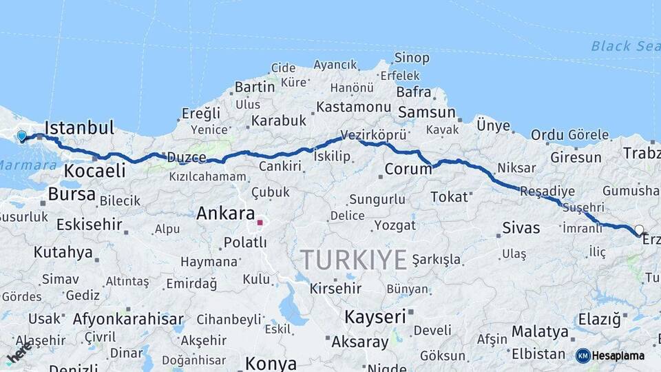 İstanbul Beylikdüzü Erzincan Arası Kaç Km - Yol Haritası