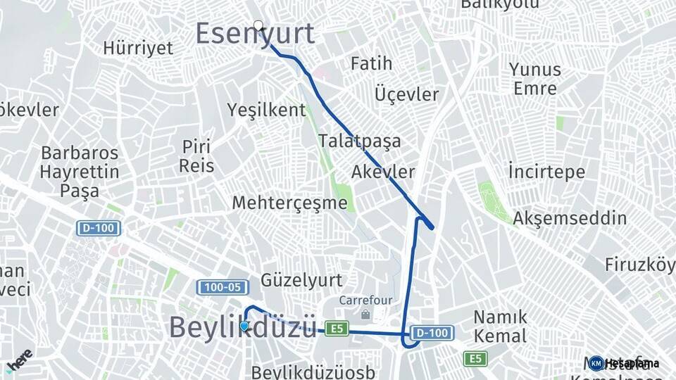İstanbul Beylikdüzü Esenyurt Arası Kaç Km - Yol Haritası