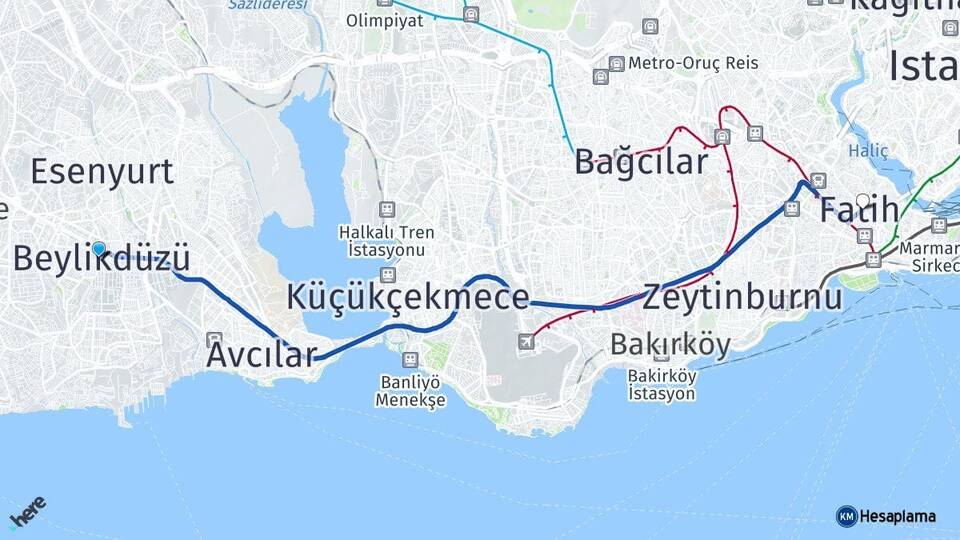 İstanbul Beylikdüzü Fatih Arası Kaç Km - Yol Haritası
