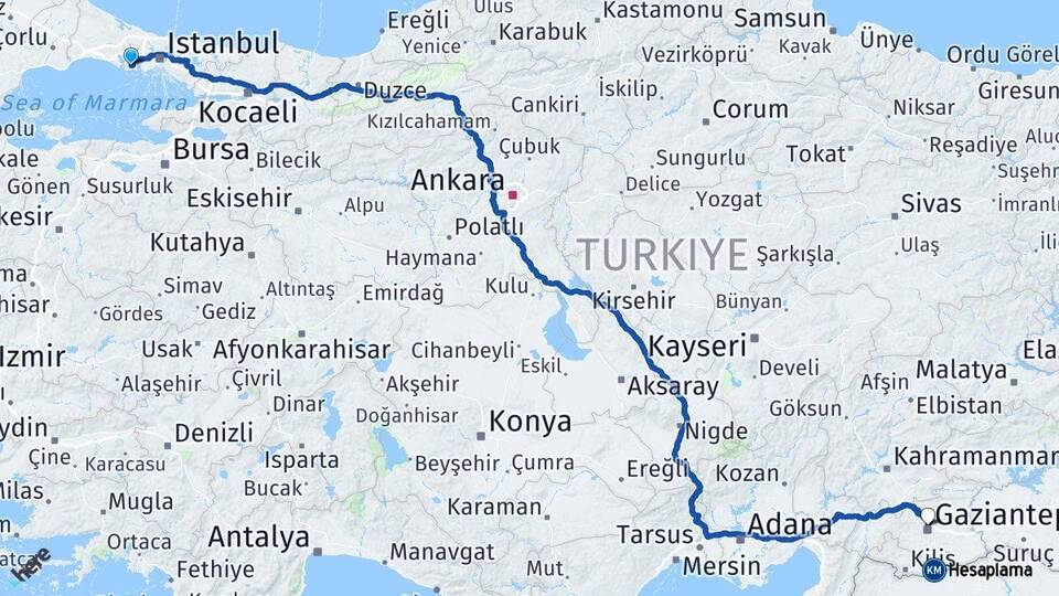 İstanbul Beylikdüzü Gaziantep Arası Kaç Km - Yol Haritası