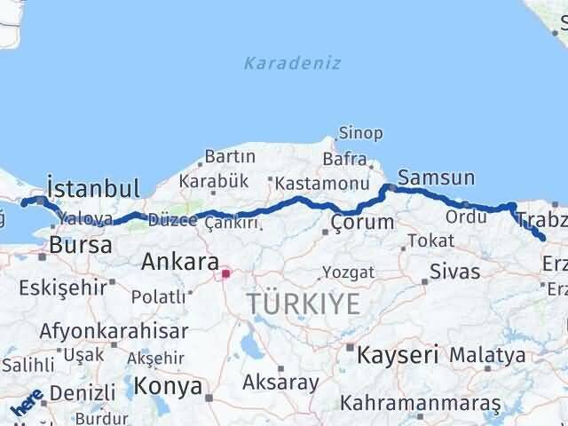 İstanbul Beylikdüzü Gümüşhane Arası Kaç Km - Yol Haritası