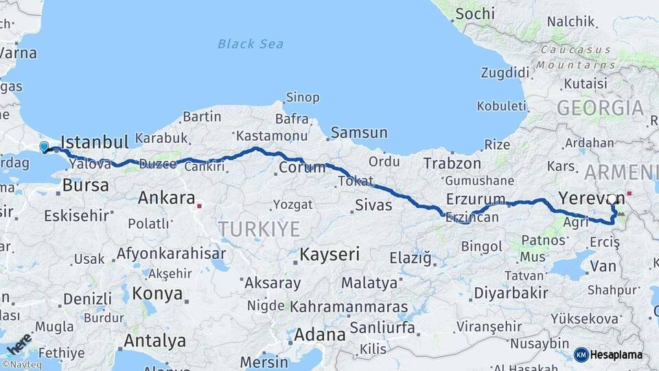İstanbul Beylikdüzü Iğdır Arası Kaç Km - Yol Haritası