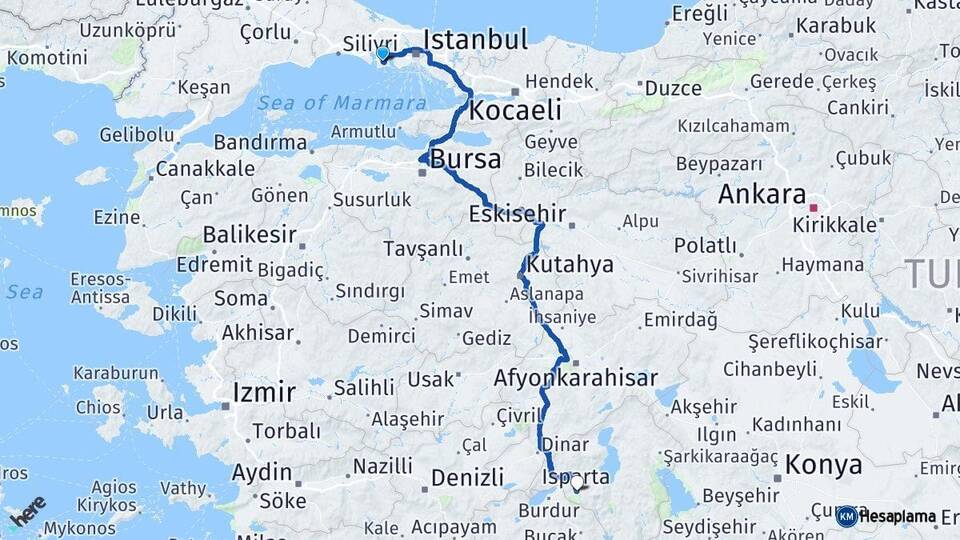İstanbul Beylikdüzü Isparta Arası Kaç Km - Yol Haritası