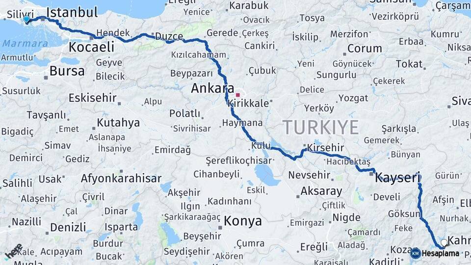 İstanbul Beylikdüzü Kahramanmaraş Arası Kaç Km - Yol Haritası
