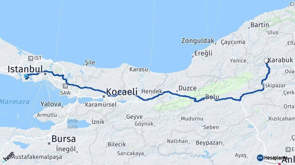 İstanbul Beylikdüzü Karabük Arası Kaç Km - Yol Haritası