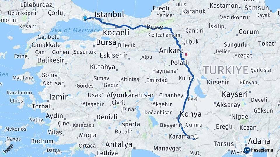İstanbul Beylikdüzü Karaman Arası Kaç Km - Yol Haritası