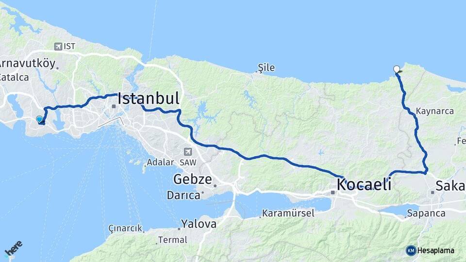 İstanbul Beylikdüzü Kefken Kandıra Kocaeli Arası Kaç Km - Yol Haritası