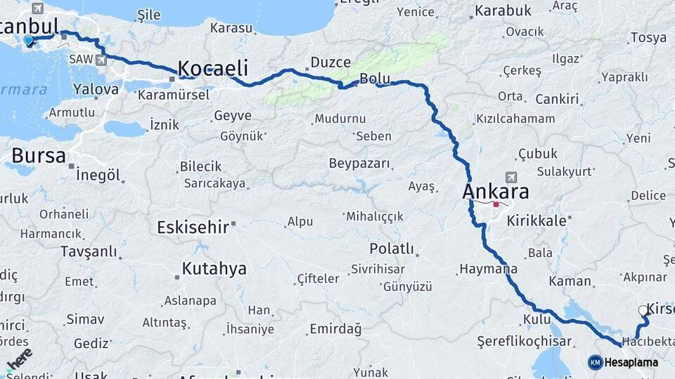 İstanbul Beylikdüzü Kırşehir Arası Kaç Km - Yol Haritası