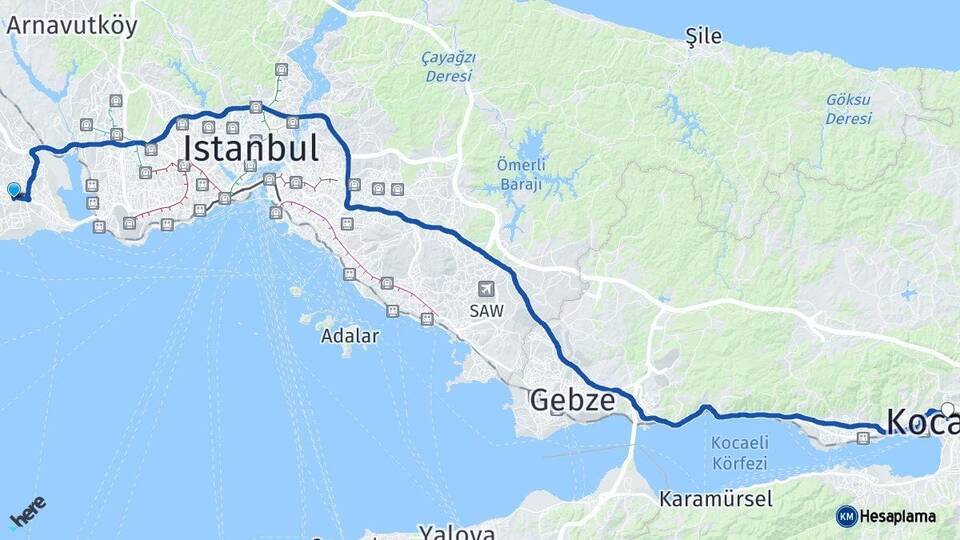 İstanbul Beylikdüzü Kocaeli Arası Kaç Km - Yol Haritası