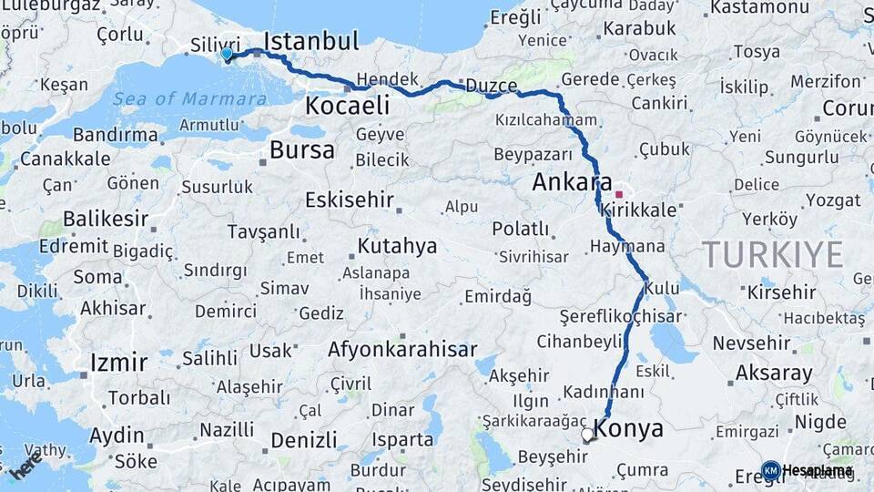 İstanbul Beylikdüzü Konya Arası Kaç Km - Yol Haritası