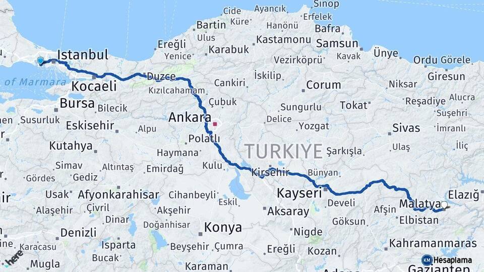 İstanbul Beylikdüzü Malatya Arası Kaç Km - Yol Haritası