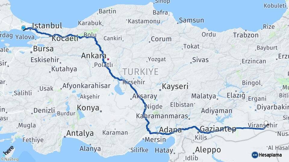 İstanbul Beylikdüzü Mardin Arası Kaç Km - Yol Haritası