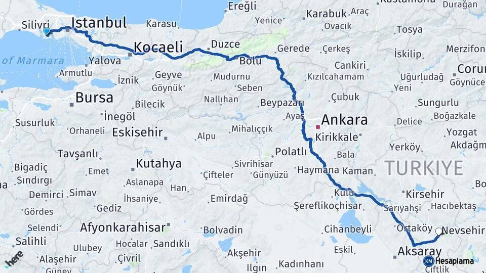 İstanbul Beylikdüzü Nevşehir Arası Kaç Km - Yol Haritası