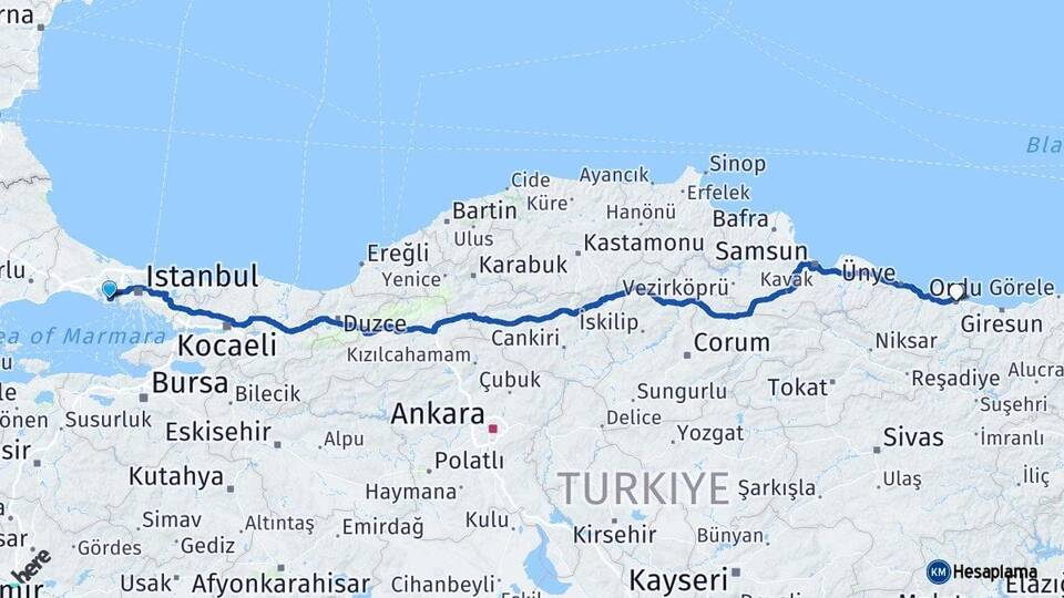 İstanbul Beylikdüzü Ordu Arası Kaç Km - Yol Haritası
