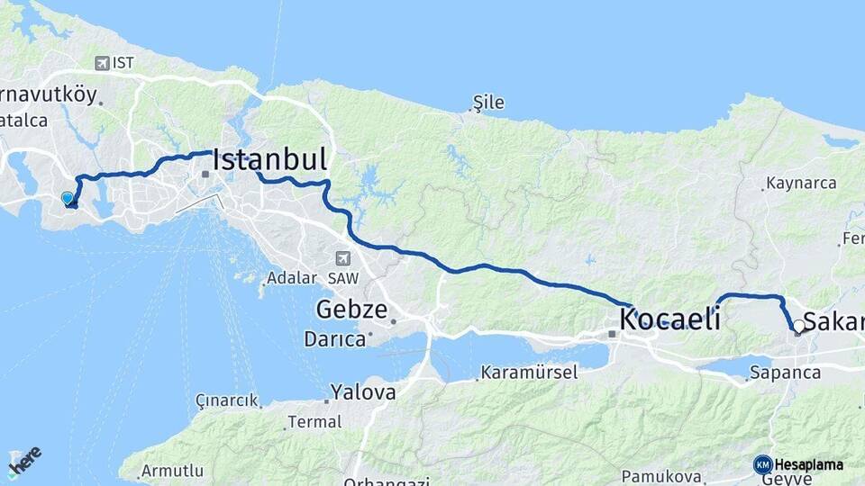 İstanbul Beylikdüzü Sakarya Arası Kaç Km - Yol Haritası