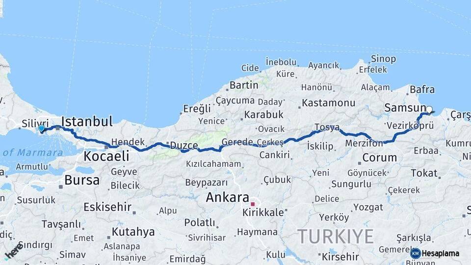 İstanbul Beylikdüzü Samsun Arası Kaç Km - Yol Haritası