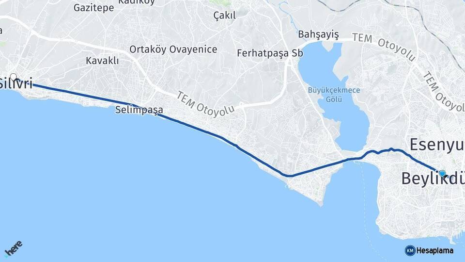 İstanbul Beylikdüzü Silivri Arası Kaç Km - Yol Haritası