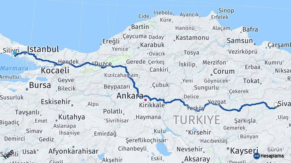 İstanbul Beylikdüzü Sivas Arası Kaç Km - Yol Haritası