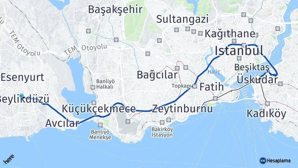 İstanbul Beylikdüzü Üsküdar Arası Kaç Km - Yol Haritası