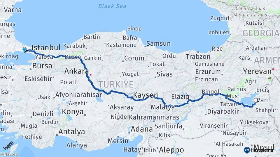 İstanbul Beylikdüzü Van Arası Kaç Km - Yol Haritası