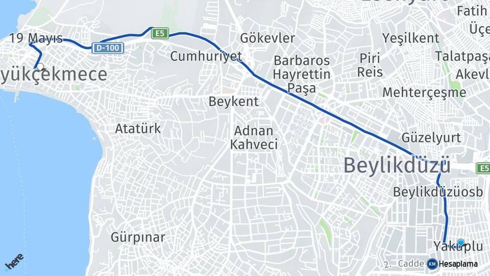 İstanbul Beylikdüzü Yakuplu Büyükçekmece Arası Kaç Km - Yol Haritası