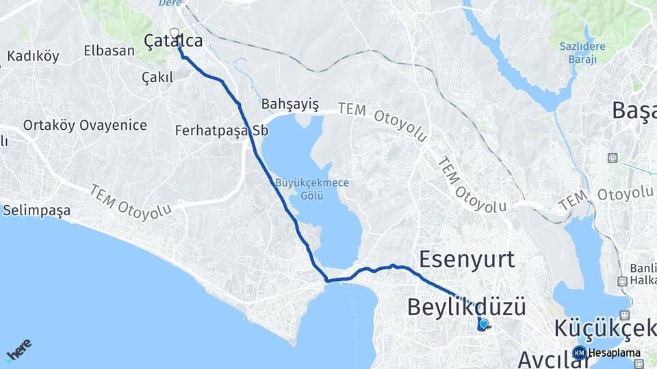 İstanbul Beylikdüzü Yakuplu Çatalca Arası Kaç Km - Yol Haritası