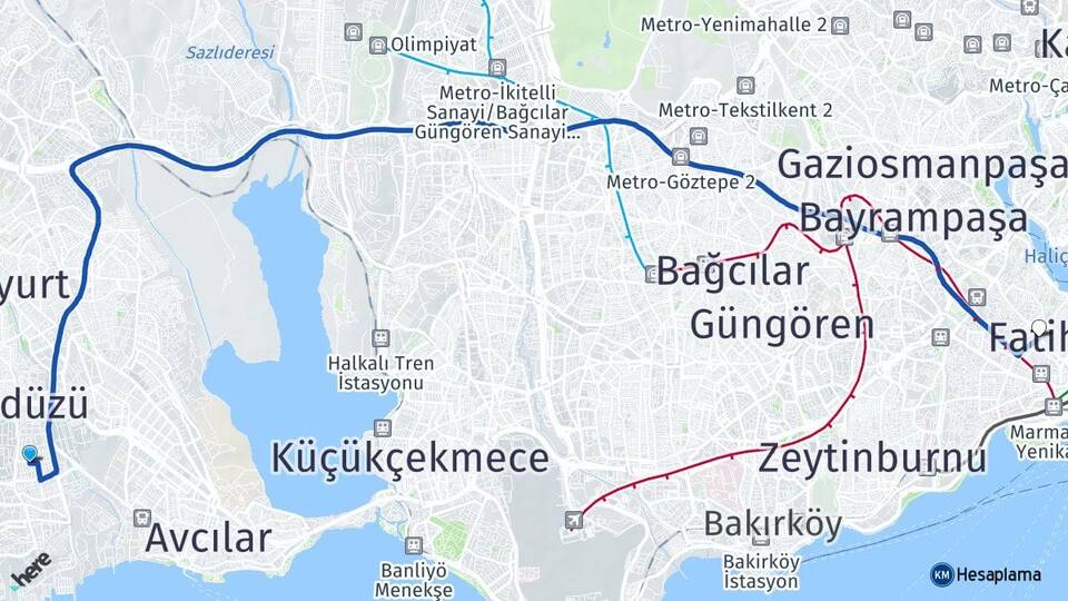 İstanbul Beylikdüzü Yakuplu Fatih Arası Kaç Km - Yol Haritası