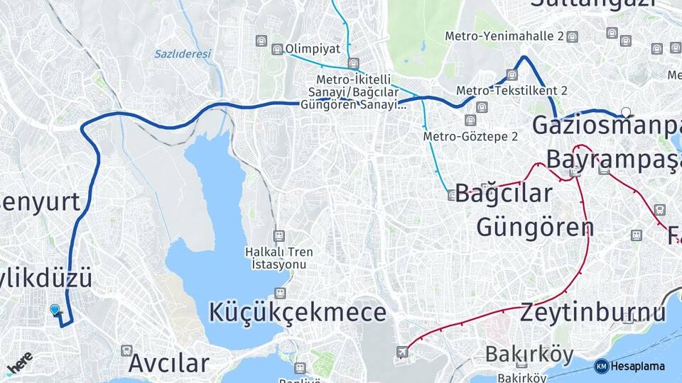 İstanbul Beylikdüzü Yakuplu Gaziosmanpaşa Arası Kaç Km - Yol Haritası