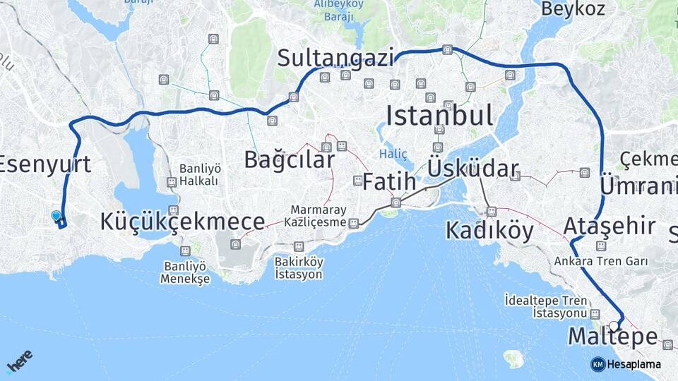 İstanbul Beylikdüzü Yakuplu Maltepe Arası Kaç Km - Yol Haritası