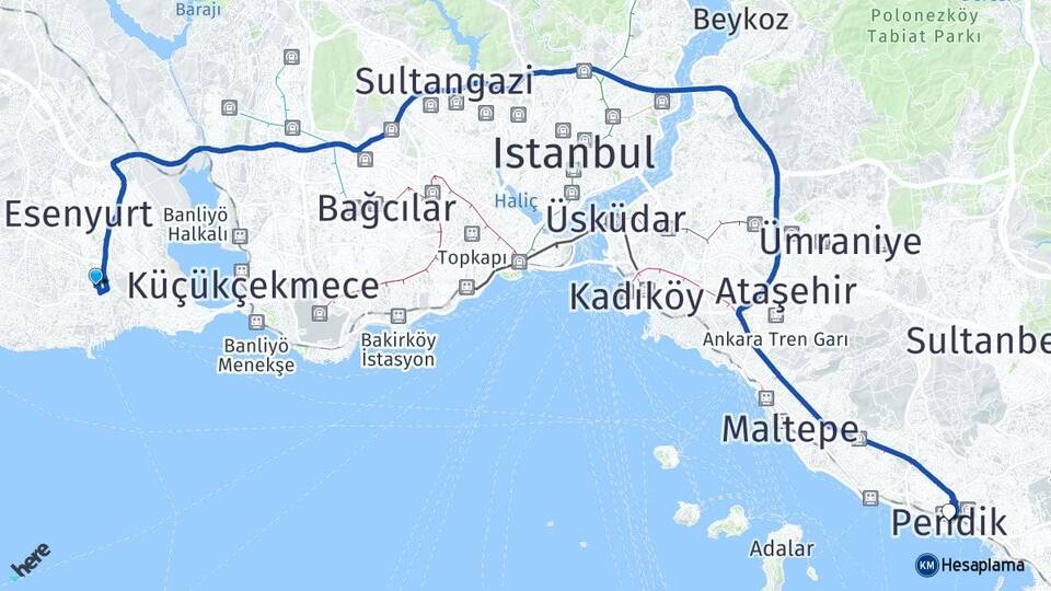 İstanbul Beylikdüzü Yakuplu Pendik Arası Kaç Km - Yol Haritası
