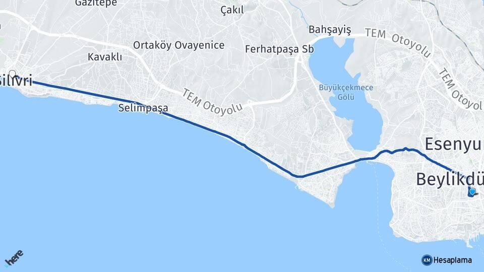 İstanbul Beylikdüzü Yakuplu Silivri Arası Kaç Km - Yol Haritası