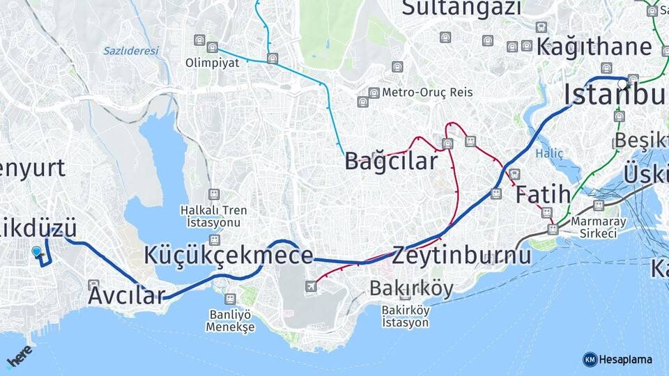 İstanbul Beylikdüzü Yakuplu Şişli Arası Kaç Km - Yol Haritası