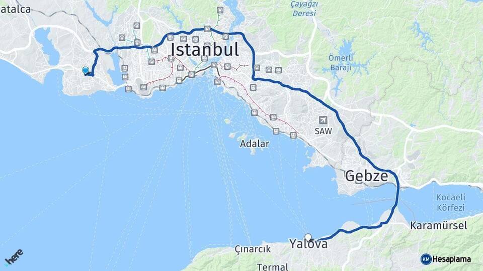 İstanbul Beylikdüzü Yalova Arası Kaç Km - Yol Haritası