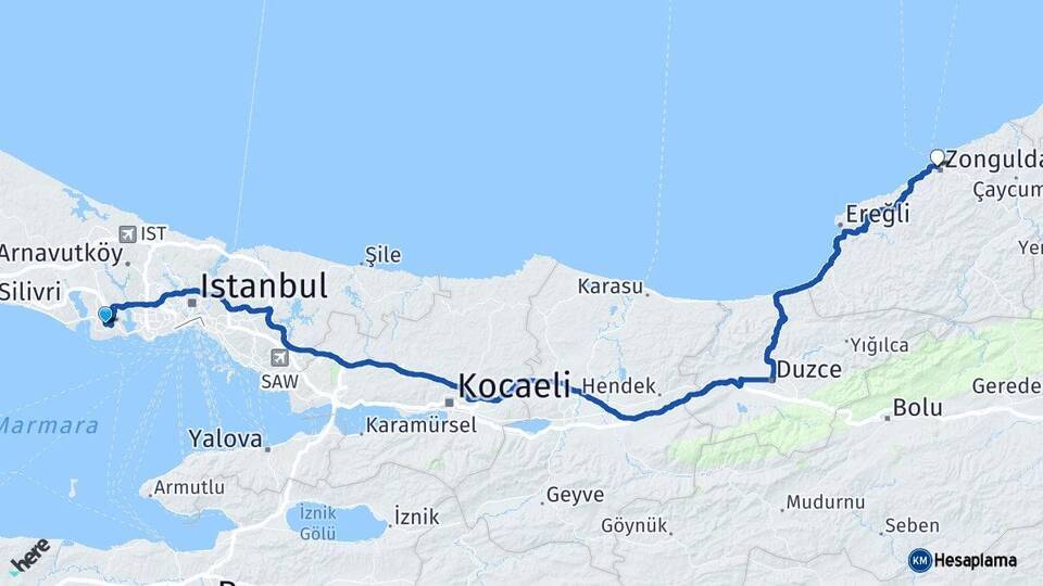 İstanbul Beylikdüzü Zonguldak Arası Kaç Km - Yol Haritası