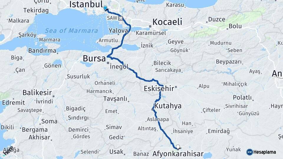 İstanbul Beyoğlu Afyonkarahisar Arası Kaç Km - Yol Haritası
