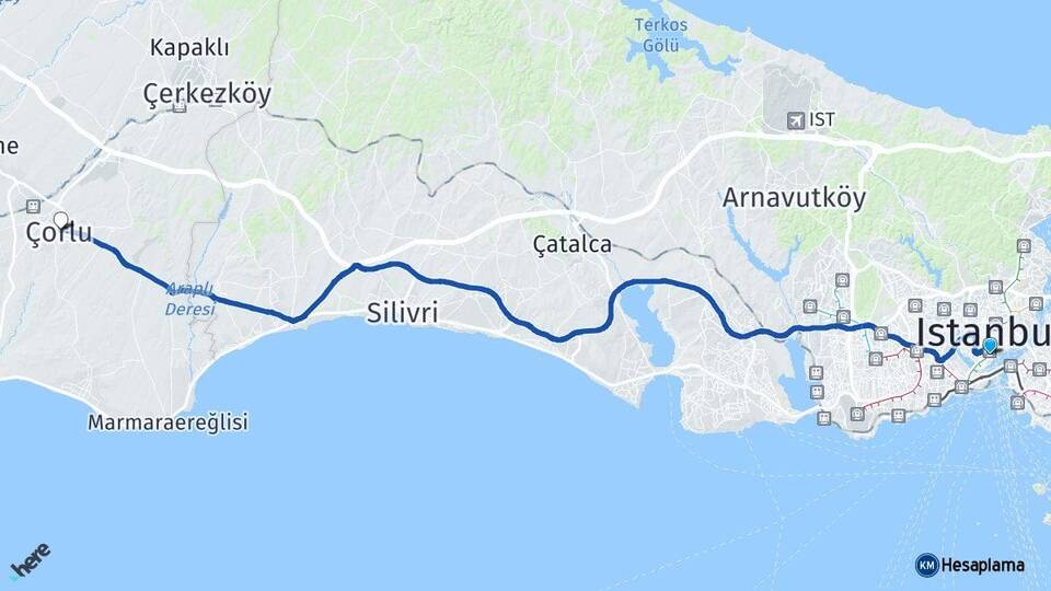 İstanbul Beyoğlu Çorlu Tekirdağ Arası Kaç Km - Yol Haritası