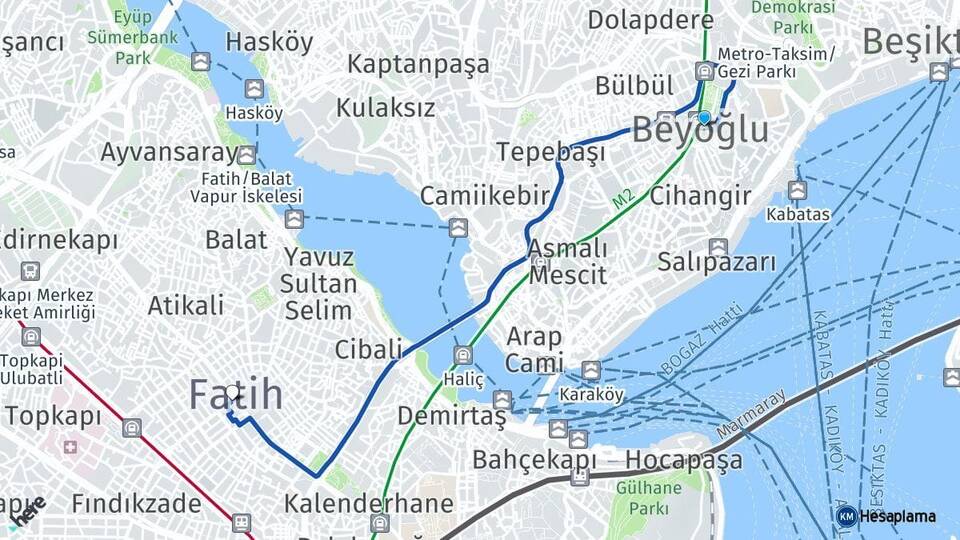 İstanbul Beyoğlu Fatih Arası Kaç Km - Yol Haritası