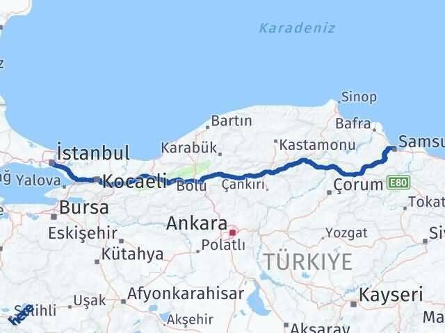 İstanbul Beyoğlu Samsun Arası Kaç Km - Yol Haritası