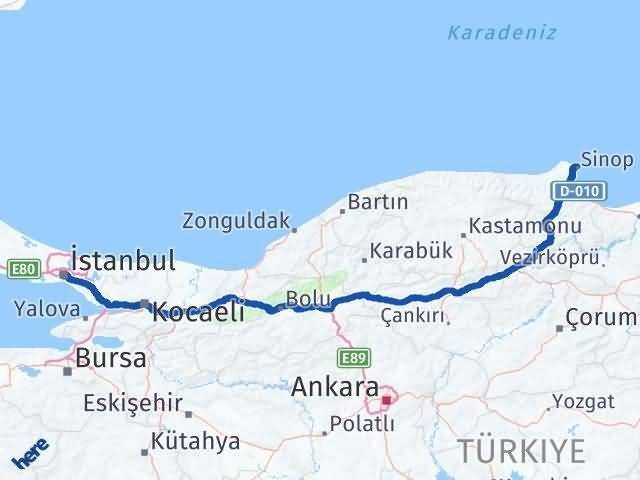 İstanbul Beyoğlu Sinop Arası Kaç Km - Yol Haritası