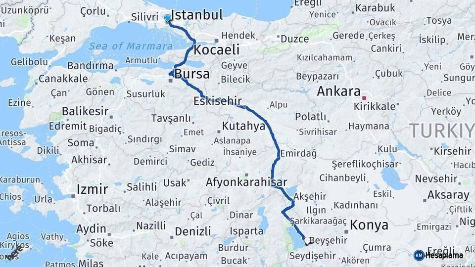 İstanbul Beyşehir Konya Arası Kaç Km - Yol Haritası