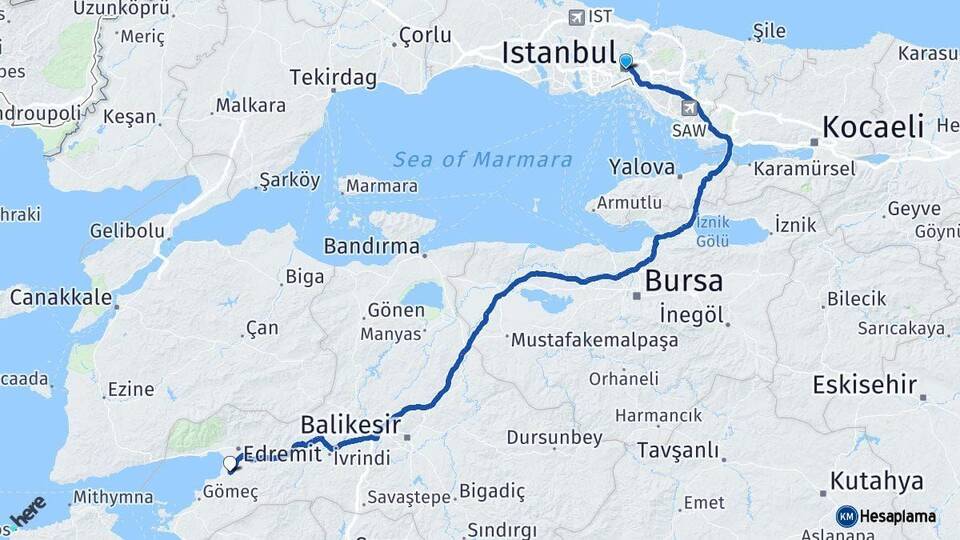 İstanbul Burhaniye Balıkesir Arası Kaç Km - Yol Haritası
