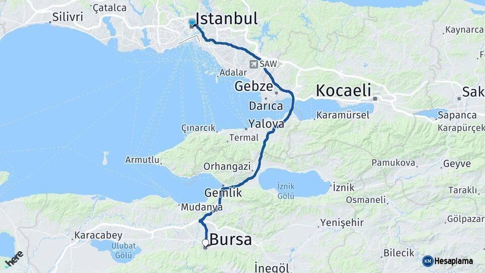 İstanbul Bursa Arası Kaç Km - Yol Haritası