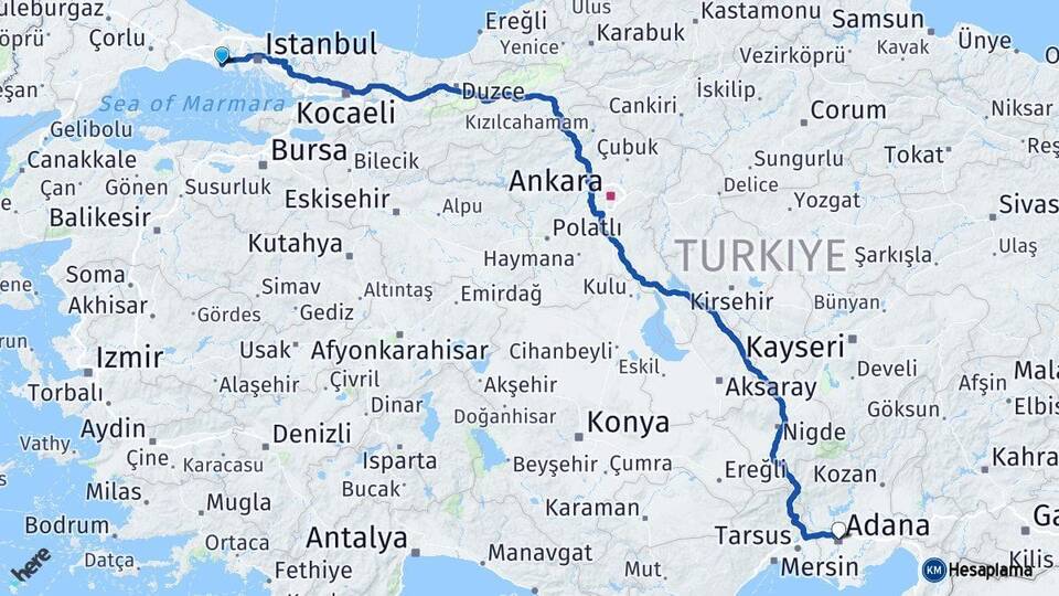 İstanbul Büyükçekmece Adana Arası Kaç Km - Yol Haritası