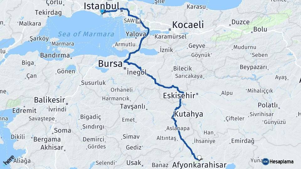 İstanbul Büyükçekmece Afyonkarahisar Arası Kaç Km - Yol Haritası