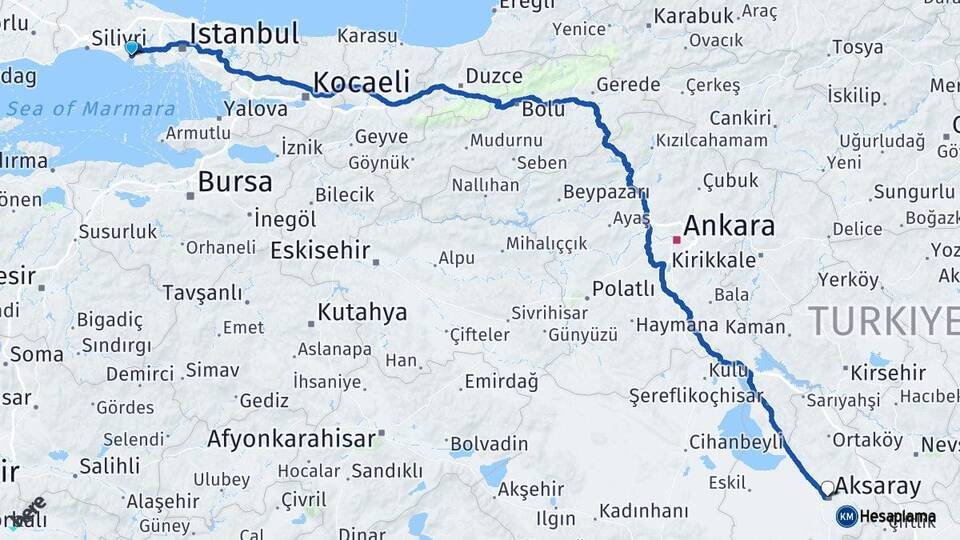İstanbul Büyükçekmece Aksaray Arası Kaç Km - Yol Haritası