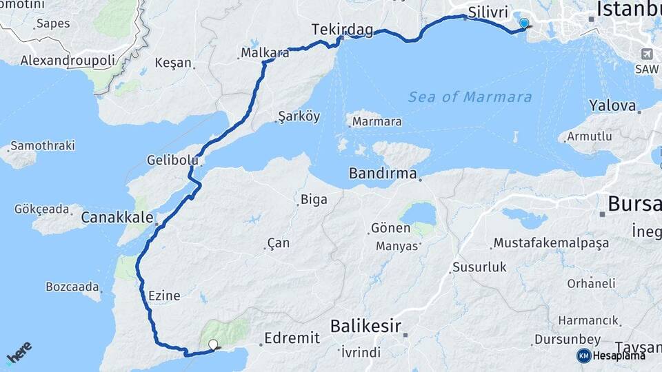 İstanbul Büyükçekmece Altınoluk Edremit Balıkesir Arası Kaç Km - Yol Haritası