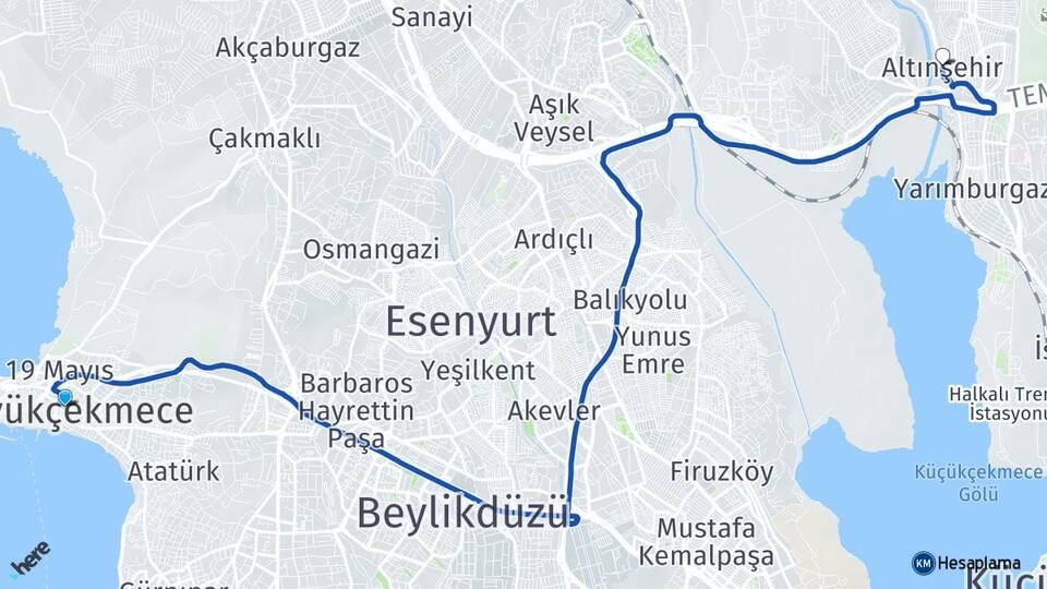 İstanbul Büyükçekmece Altınşehir Başakşehir Arası Kaç Km - Yol Haritası