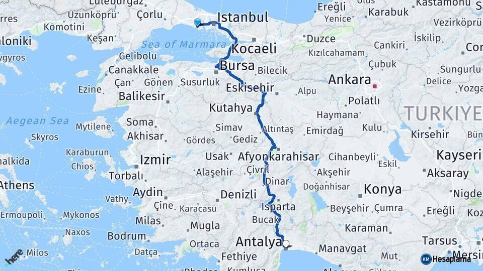 İstanbul Büyükçekmece Antalya Arası Kaç Km - Yol Haritası